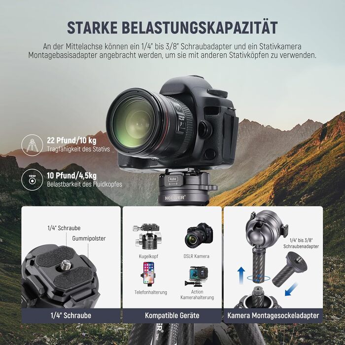 Штатив NEEWER LITETRIP LT32 62' з вуглецевого волокна з рівнем ±15° та поворотним головою 360° - знімний центральний стійка, швидка фіксація, Arca QR платформа, сумісний з Peak Design Capture V3