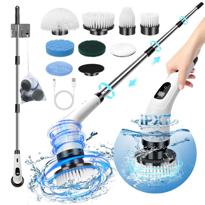 Електрична щітка для чищення Spin Scrubber бездротова з 8 змінними насадками, регульована ручка, для ванної, авто, кухні, плитки, підлоги