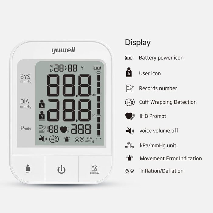 Тонометр Yuwell для вимірювання артеріального тиску та пульсу | 2 користувачі, 74x2 пам'ять, велика манжета (22-45 см), дисплей 3.8', подвійне живлення (YE670A)