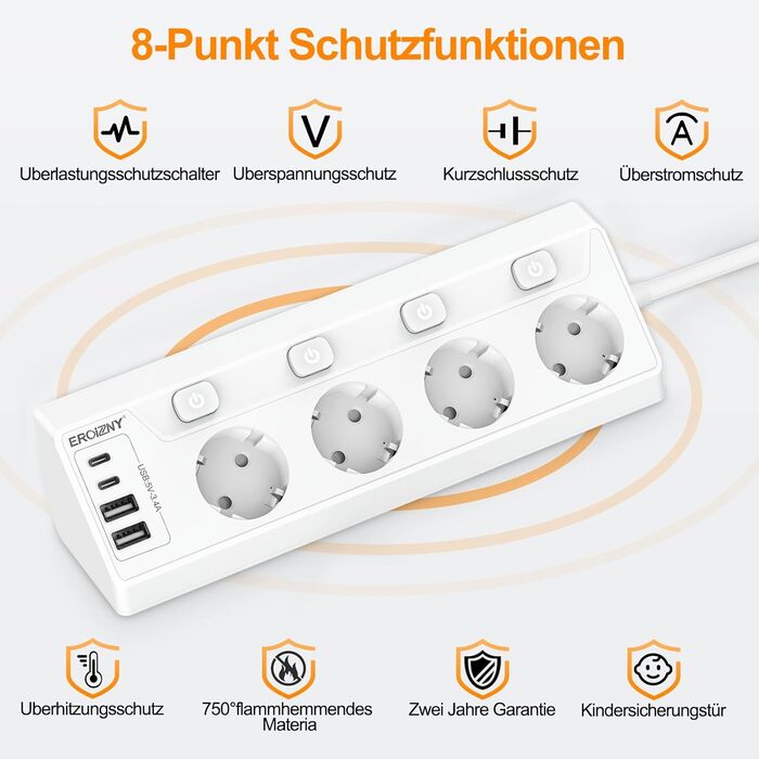 Мережева розетка з 2 USB-C (PD 20W) та 1 USB-A, трьохсекційна з вимикачем, захист від перенапруги, зручна для зберігання, розподільник для подорожей, кабель 1,5 м (кутова розетка)