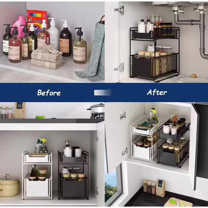 Under-Cabinet Organizer with 2 Levels, Adjustable Height, with Wooden Handle, Pull-Out Metal Basket for Kitchen and Bathroom (White)
