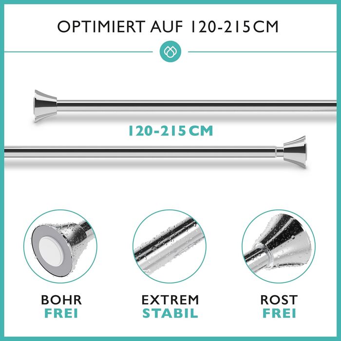 Штанга для душу без свердління з 12 кільцями - телескопічна штанга 120-215 см з нержавіючої сталі, комплект для душу та ванни, срібна