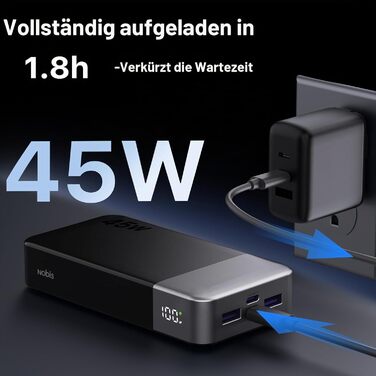 Power Bank NOBIS 20000mAh 45W Чорний: швидка зарядка USB-C/USB-A, цифровий дисплей, режим для малопотужних пристроїв