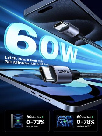 Кабель USB-C на USB-C UGREEN 60W PD 3.0, 1.0 м (1 м), сумісний з iPhone, Galaxy, MacBook, iPad, Pixel