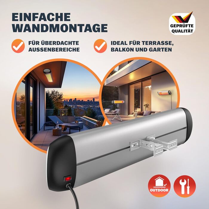 Інфрачервовий обігрівач MONZANA® MZH2501 з таймером, 2500W, 3 режими, 24 год, пульт ДУ, кут нахилу 90°, електричний, для тераси (сріблястий)