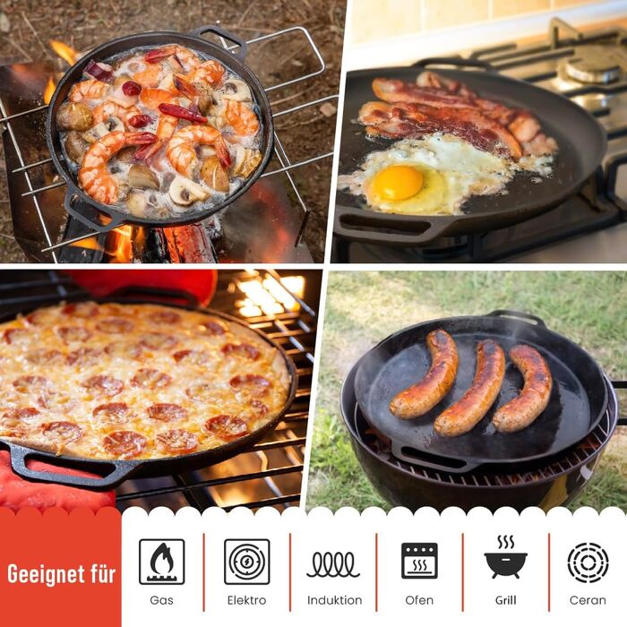 Chef Pomodoro Cast Iron Grill Pan – Cast Iron Grill Pan for Stove, Grill, Oven & Campfire – Cast Iron Pan - Pizza Pan Baking Sheet Round - Grill Plate Gas Grill - Cast Iron Pan for Gas Grill (30 cm)