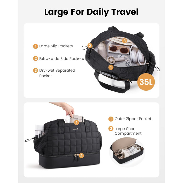 LOVEVOOK Спортивна сумка-рюкзак 35L для подорожей, фітнесу, йоги, чорна (M)