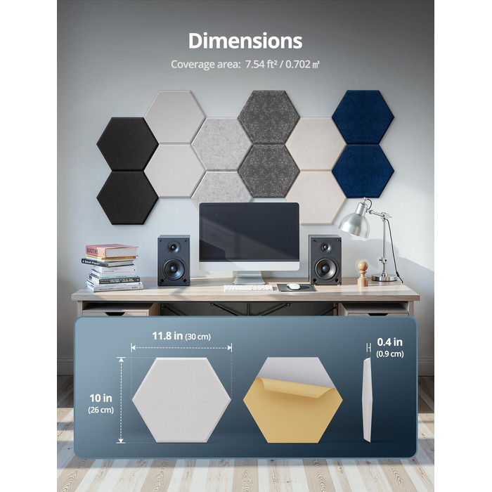 Акустичні гексагональні панелі самоклеючі для звукоізоляції, 12 шт, поглинач шуму для студії, вітальні, геймерської кімнати та офісу, 30 x 26 x 0,9 см (Білий)