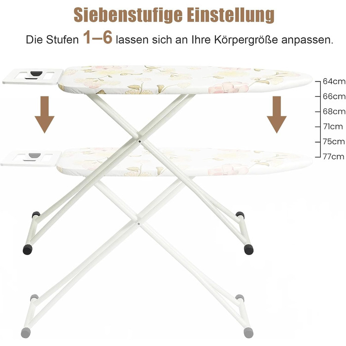 Відкидна дошка для прасування 110 x 38 x 64-77 см, 6 положень по висоті, з гумовими ніжками, бавовняним чохлом та підставкою для праски (біле квадратне візерунок, квіти)