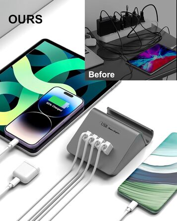 Багатопортова USB зарядка POANES 25W: 4 порти для iPhone, Samsung, LG, Huawei та інших пристроїв (Чорний/Сірий)