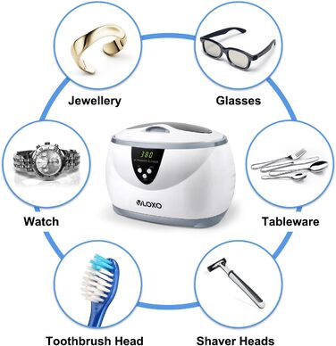Ультразвукова мийка VLOXO 600мл – 42 кГц для ювелірних виробів, інструментів, зубних протезів та годинників, нержавіюча сталь, тиха робота, 50W (білий)