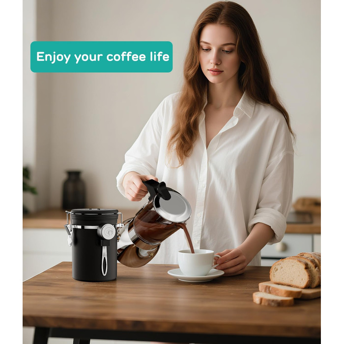 Coffee Gator Контейнер для кави з нержавіючої сталі, герметичний, з датчиком свіжості, клапаном CO2, ложкою, для кавових зерен, меленої кави, горіхів, чаю, цукру (Чорний, L)