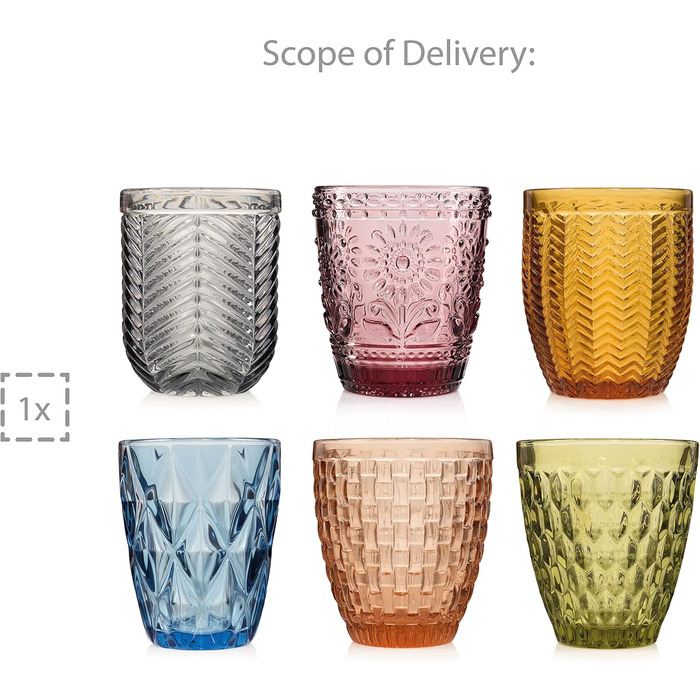 Sänger Drinking Glasses Set Porto - 6-Piece Glass Set for 6 People, Water Glasses, Multicolored, Unique Cut, Everyday Use, Family Meals, Office, Outdoor Juice Glasses Set | 310 ml