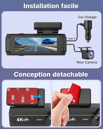 Відеореєстратор Chortau 4K+1080P з WiFi, 64GB, паркувальний режим, Super Night Vision, WDR, 170° та G-Sensor, чорний