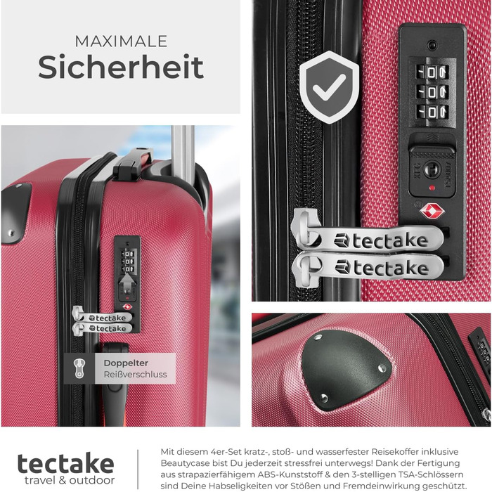 Набір валіз Tectake 4-TLG: міцні валізи з колесами 360°, TSA-замком, великий об'єм, роздільний внутрішній простір, ручна валіза на телескопічному стійці - шампань (винно-червоний)