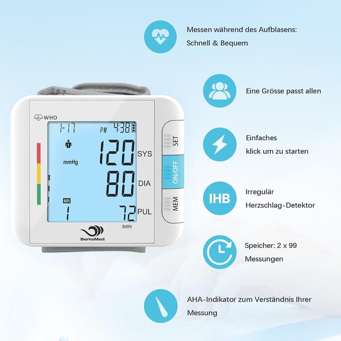 Тонометр на зап'ясті автоматичний, 2 x 99 комірок пам'яті, великий LED дисплей з визначенням аритмії, точне вимірювання, контроль положення манжети (білий)