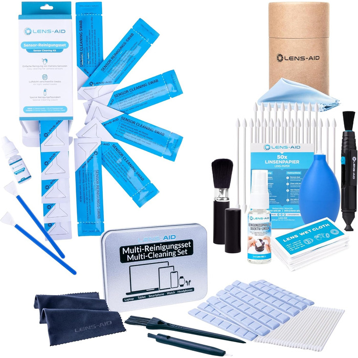 Набір для чищення камери LENS-AID 8-в-1: для об'єктивів, камер повного формату та APS-C. З рідким очищувачем, мікрофіброю, стайками, серветками, стиком, повітряним насосом та іншим.