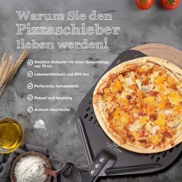 Pizza Lover® High-Quality Perforated Pizza Peel 30 x 30 cm Pizza Shovel Made of Hard Anodized Aluminum (Non-Stick) Pizza Lifter for Homemade Pizza & Bread Ideal for Pizza Stone, Oven & Grill