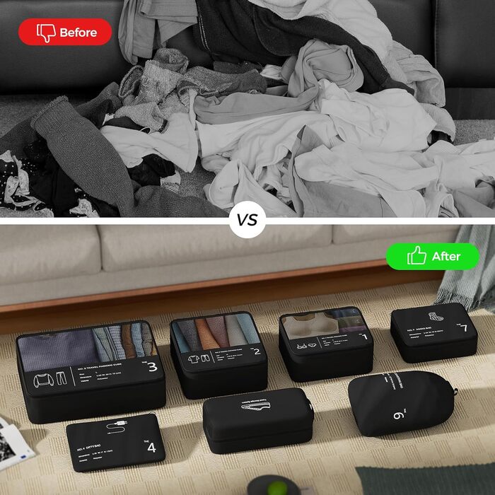 Органайзер для валізи Yomisee, набір 7 шт. - комплект кубиків для пакування, туристичні сумки для одягу, чорний