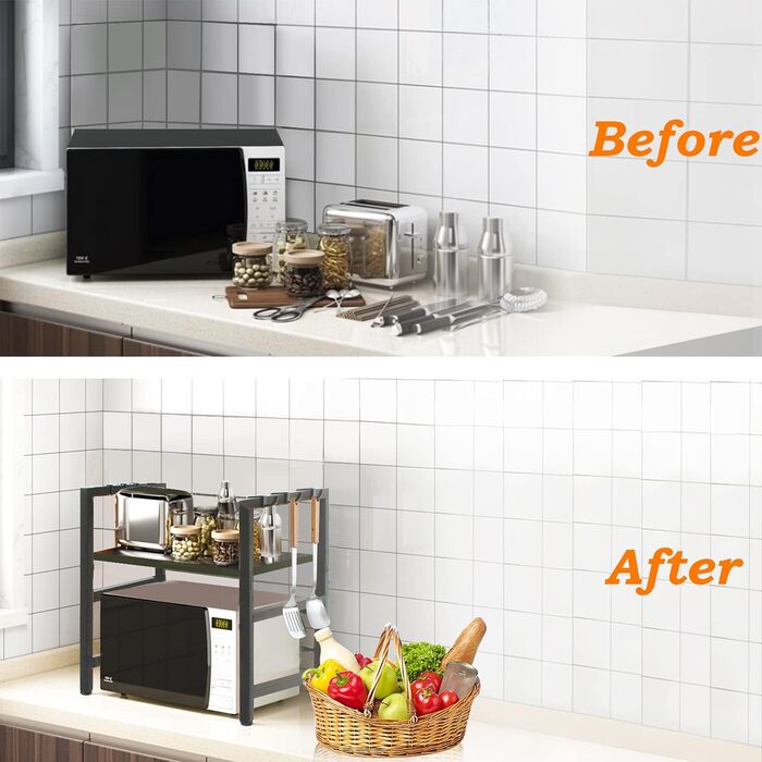 Підставка для мікрохвильової печі Todeco, 2-ярусна, чорна, з 6 гачками, регульована (36-60) x 36 x 44 см, до 25 кг