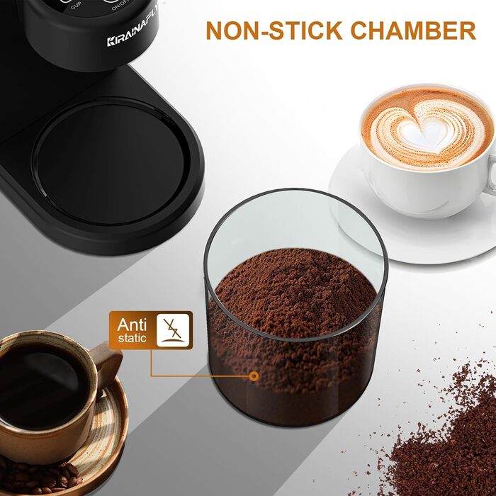 Електрична кавомолка з конічним жорнами – 25 ступенів помолу для еспресо, фільтр-кави, френч-прес, сенсорне управління, антистатична, чорна