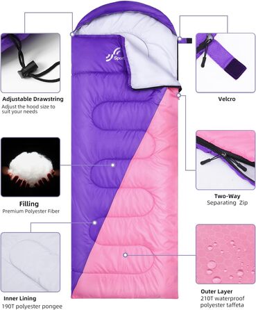 Сплячий мішок Outdoor Sportneer для кемпінгу: 3-4 сезонний літній спальний мішок, зимовий спальний мішок, компактний, портативний, ультралегкий для дорослих, фіолетовий+рожевий, 220x75 см