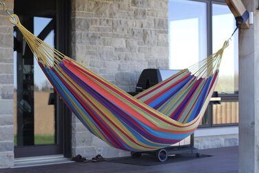 Vivere Double Cotton Hammock in Brazilian Style with Polyester End Loops, Weight Capacity 450 lbs (Tropical)