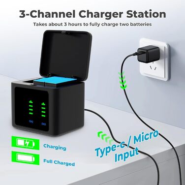 Зарядний комплект Hero12: 2 акумулятори 2580mAh + триканальна зарядка з LED-індикатором для GoPro Hero 12/11/10/9 Black