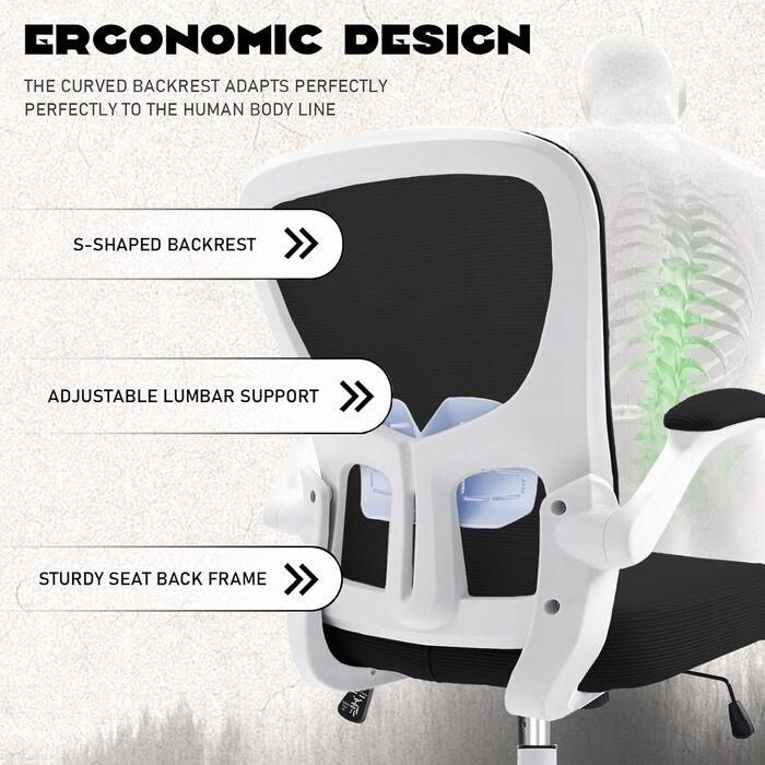 Ергономічне крісло для офісу та робочого столу з підйомними підлокітниками, регульованою підтримкою попереку, регульованою висотою поворотного сидіння та спинкою, що нахиляється до 130°, (Білий)