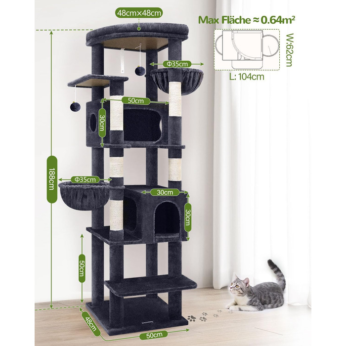 Драбина для котів Globlazer XXL, 188 см, з будиночком, платформами та кошиками. Стабільна, не хитається, для великих котів. Темно-сірий колір