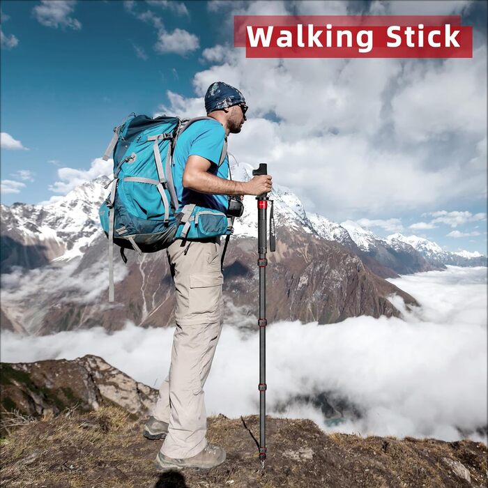 Монопод Manbily 32мм з карбону для камери: 44-174см, 6 секцій, до 15кг, з кліпсою для телефону, червоний