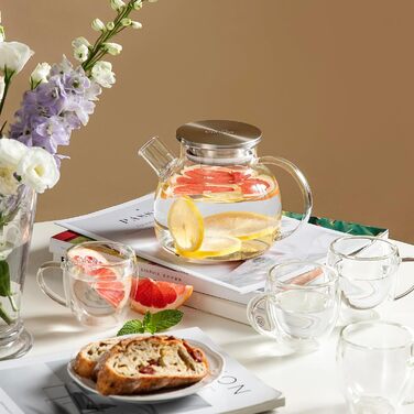 Скляна чайник CnGlass з ситечком, стійкий до плити, 900мл, з нержавіючою кришкою