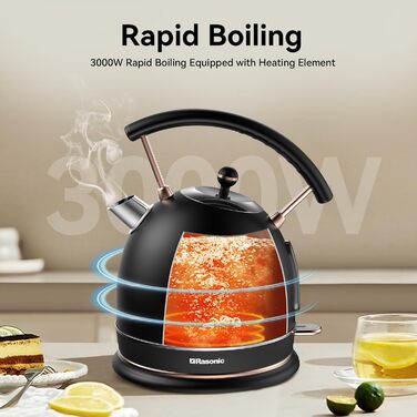 Електричний чайник Tro 1.8 л, нержавіюча сталь, 3 кВт, швидке кип'ятіння, регулятор температури, LED-підсвітка, автовимкнення, для дому, кухні, офісу, розкішного готелю (матова чорна та рожева золота)