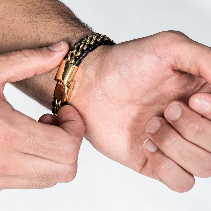 Чоловічий браслет SERASAR Premium з натуральної шкіри та нержавіючої сталі | Магнітна застібка, коробка, подарунок (17см, золото)