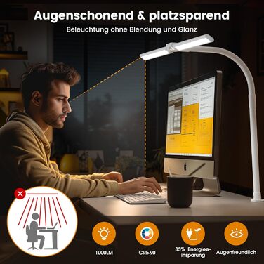 SIBRILLE Dual-Head LED Desk Lamp - Adjustable, Dimmable, Eye Protection for Office, PC, and Monitor Use