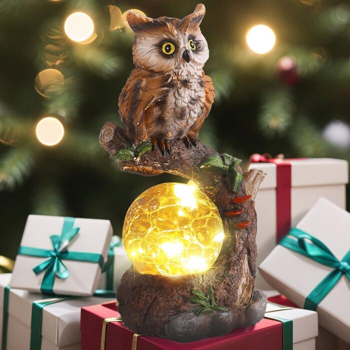 JJALIGHTS Solar Owl Figurine, Owl Garden Decor with Solar Ball, Waterproof for Outdoors, Balconies, Terraces, Gifts for Women, Men, Mom, Birthday, 24CM