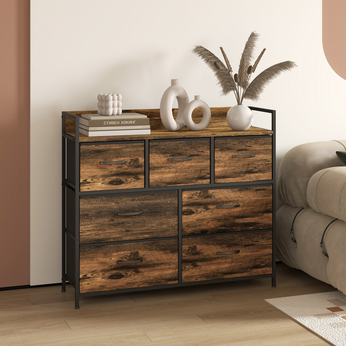 HOMCOM 7-Drawer Fabric Storage Chest of Drawers, Anti-Tip, Storage Cabinets, Sideboard, MDF, Brown