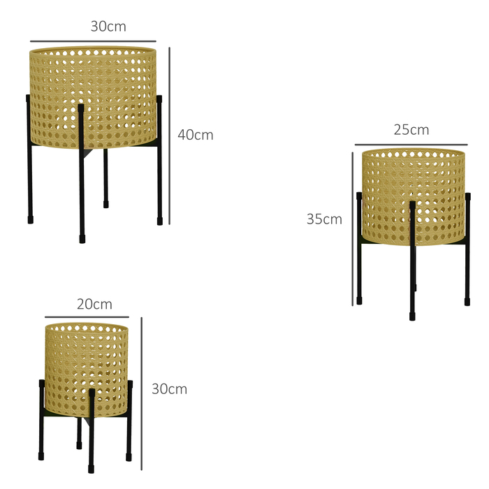 Outsunny 3-Piece Plant Stand Flower Stand with Rattan Look Made of Steel in Gold for Indoor & Outdoor
