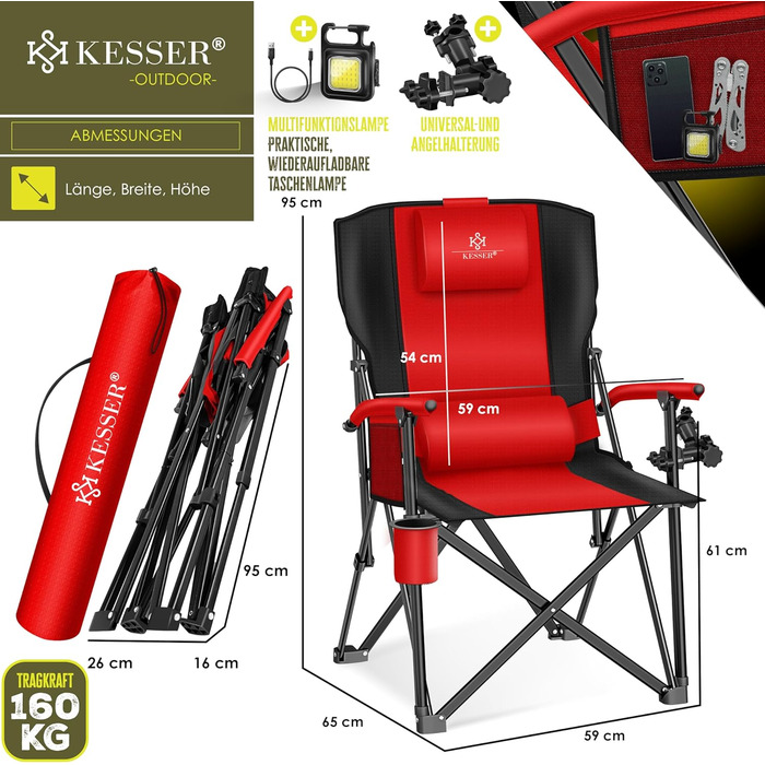 Крісло для кемпінгу KESSER® з високою спинкою, 160 кг, з підлокітниками, тримачем для напоїв та світлом | Стільці для риболовлі, відпочинку на пляжі