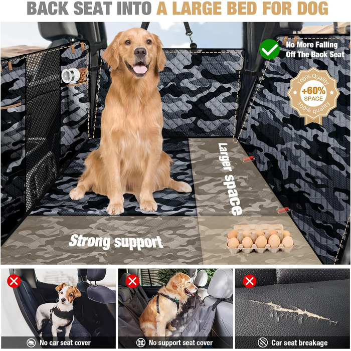 Накладка на сидіння автомобіля для собак Lekeinchi - водовідштовхувальна, стійка до подряпин, з 6 дерев'яними планками та ременями безпеки (140x77 см, камуфляж)