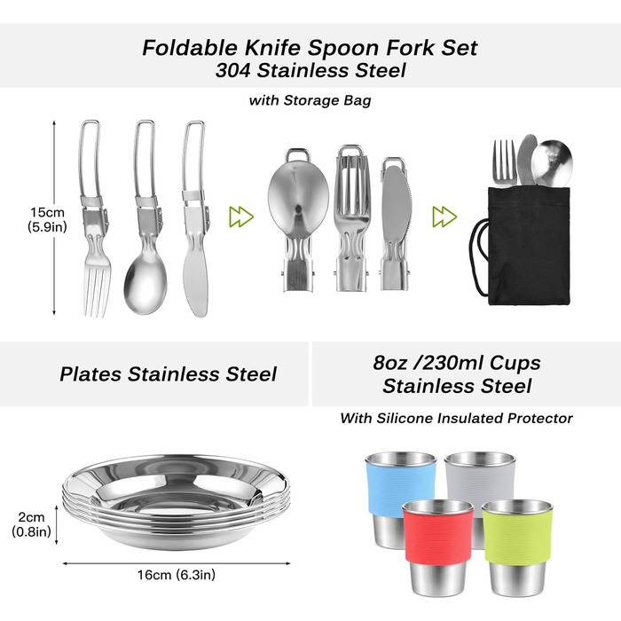 Набір посуду для кемпінгу Lixada: каструля, плитка, столові прилади (2-3 особи), для пікніків та BBQ