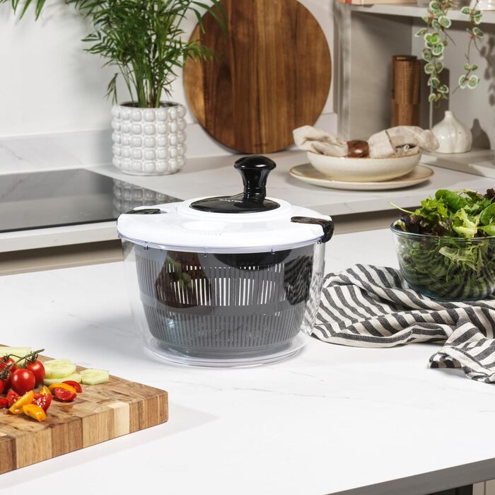 Салатниця Salter 3,5 л – миття, сушіння та подача, кухонний сушар для салату, неслизька основа, з дресінгом, подвійна функція сушіння, здорове харчування, свіжий салат, чорний (5л)