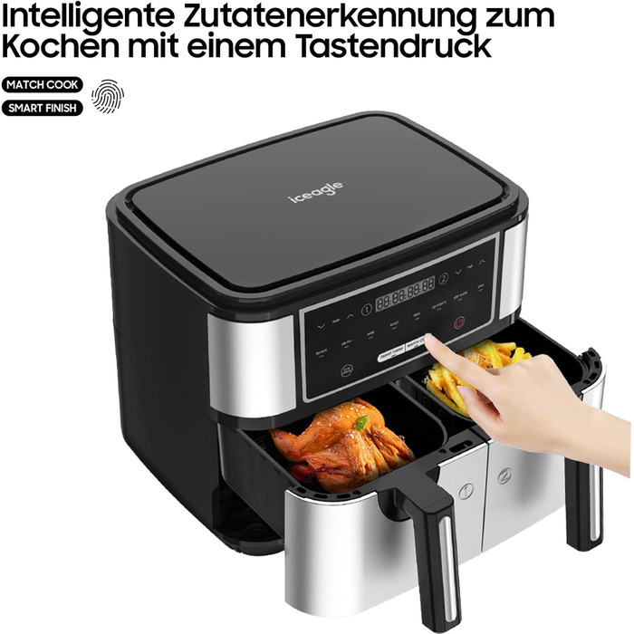 Iceagle Dual Zone Air Fryer Double Chamber 9L - XXL Air Fryer with 8 Programs | Airfryer with 2 Baskets, Oil-Free Fryer, Preheating & Keep Warm, 2600W