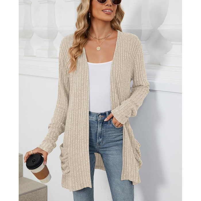 Кардиган жіночий Strickjacke Eegant бежевого кольору, розмір XXL. Теплий в'язаний кардиган з кишенями, еластичний трикотаж.