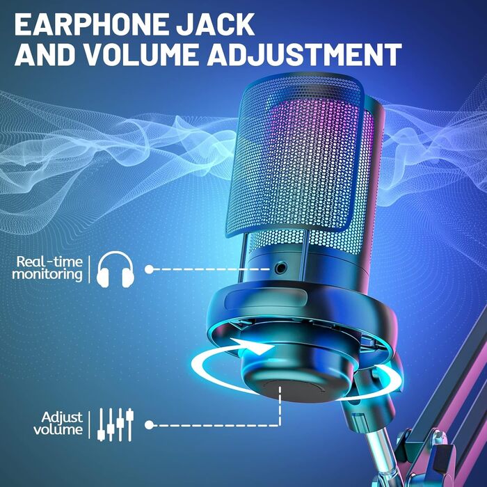 USB мікрофон для геймінгу та стримінгу: конденсаторний мікрофон з виносним кріпленням, кабель 1.5м, сумісний з PC, PS4/PS5, iOS/Windows/Android