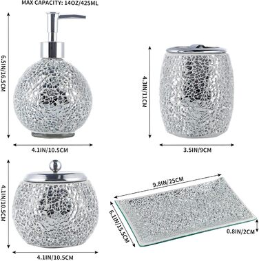 4-Piece Mosaic Glass Bathroom Accessories Set, Modern Luxury Bathroom Ensemble, including Soap Dispenser, Cotton Swab Holder, Toothbrush Holder, Vanity Tray (Shiny Blue) (Shiny Silver)