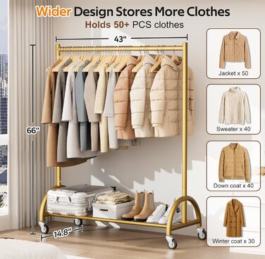 Міцний вішак для одягу на коліщатках MISSLO для спальні, металевий, золотий - мобільна вішалка для одягу, пальто
