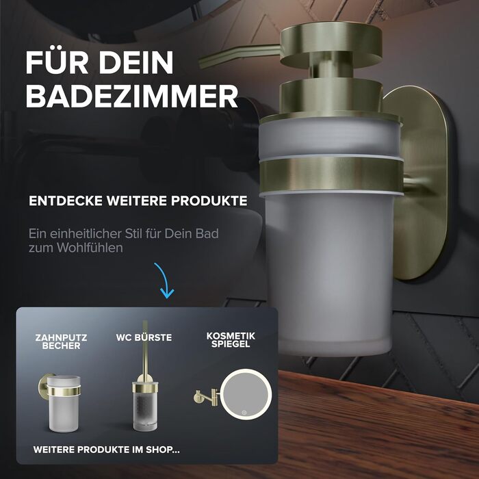 ovimar Soap Dispenser Sand | Gold | Wall Mounting without Drilling | Made of Stainless Steel and Modern Glass | Large Opening | Suitable for Bathroom or Kitchen | Also Suitable as a Hand Sanitizer Dispenser