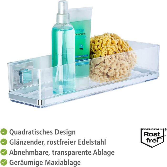 WENKO Vacuum-Loc Bathroom Wall Shelf Quadro Maxi, 2 tiers, with removable bowl, mounting without drilling, stainless steel/plastic, 38.5 x 8.5 x 14.5 cm