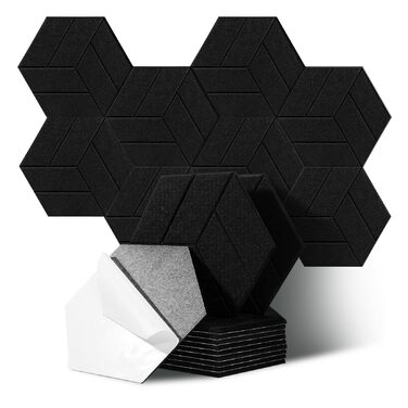 Акустичні гексагональні панелі з шумопоглинаючого поролону, самоклеючі шестикутні панелі для звукоізоляції студії, офісу та ігрової кімнати, 30x26x0.9 см, чорні (12 шт)